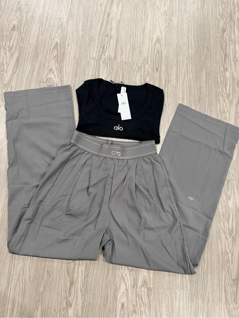 ALO Yoga Black Crop Top and Gray Track Pants Set